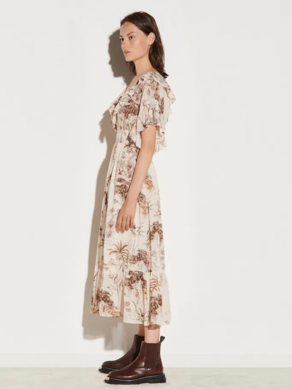Sandro Ruffled Printed Gauze Midi Dress NWT Ecru FR 36 US 4 Toile Print - Picture 5 of 13